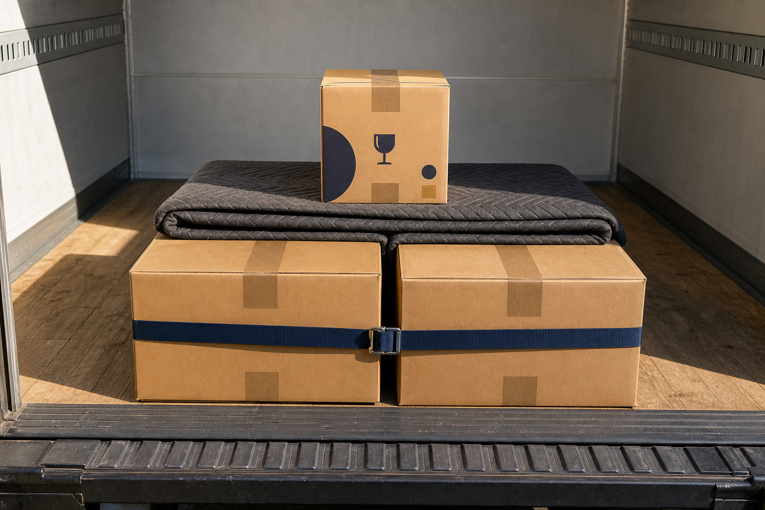 Text-free diagram of fragile boxes placed upright and separated inside a moving truck.