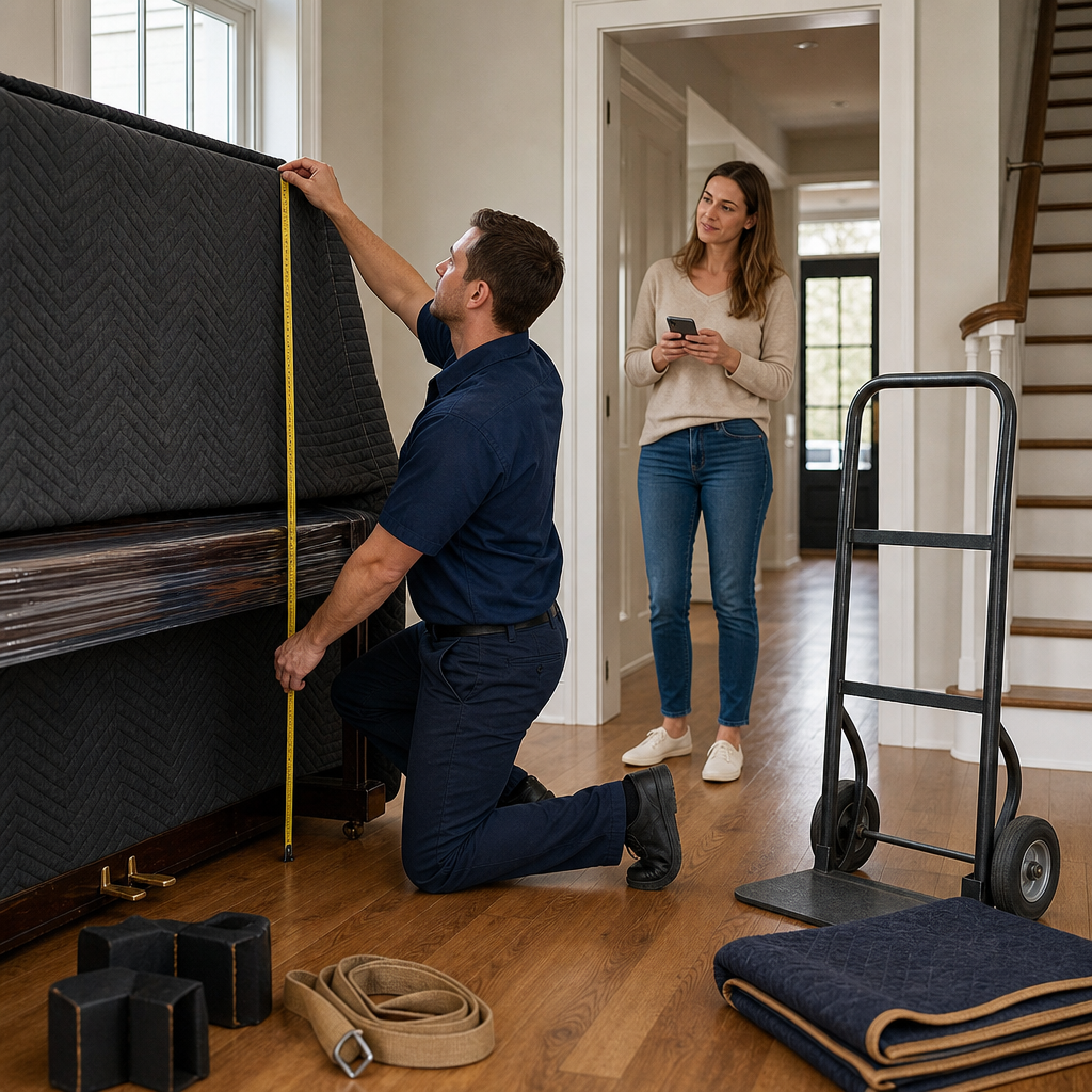 Mover measuring a wrapped upright piano near a doorway while a homeowner prepares to share photos.