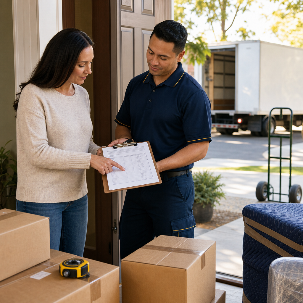 Client and mover reviewing Sacramento moving quote details beside boxes and a curbside truck.