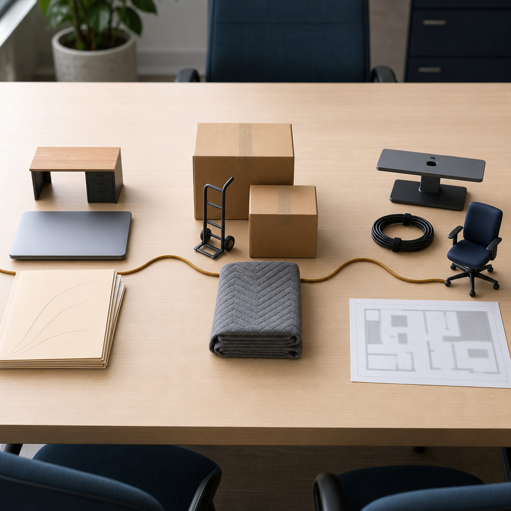 Text-free object diagram showing office move phases with desk items, boxes, and setup objects.