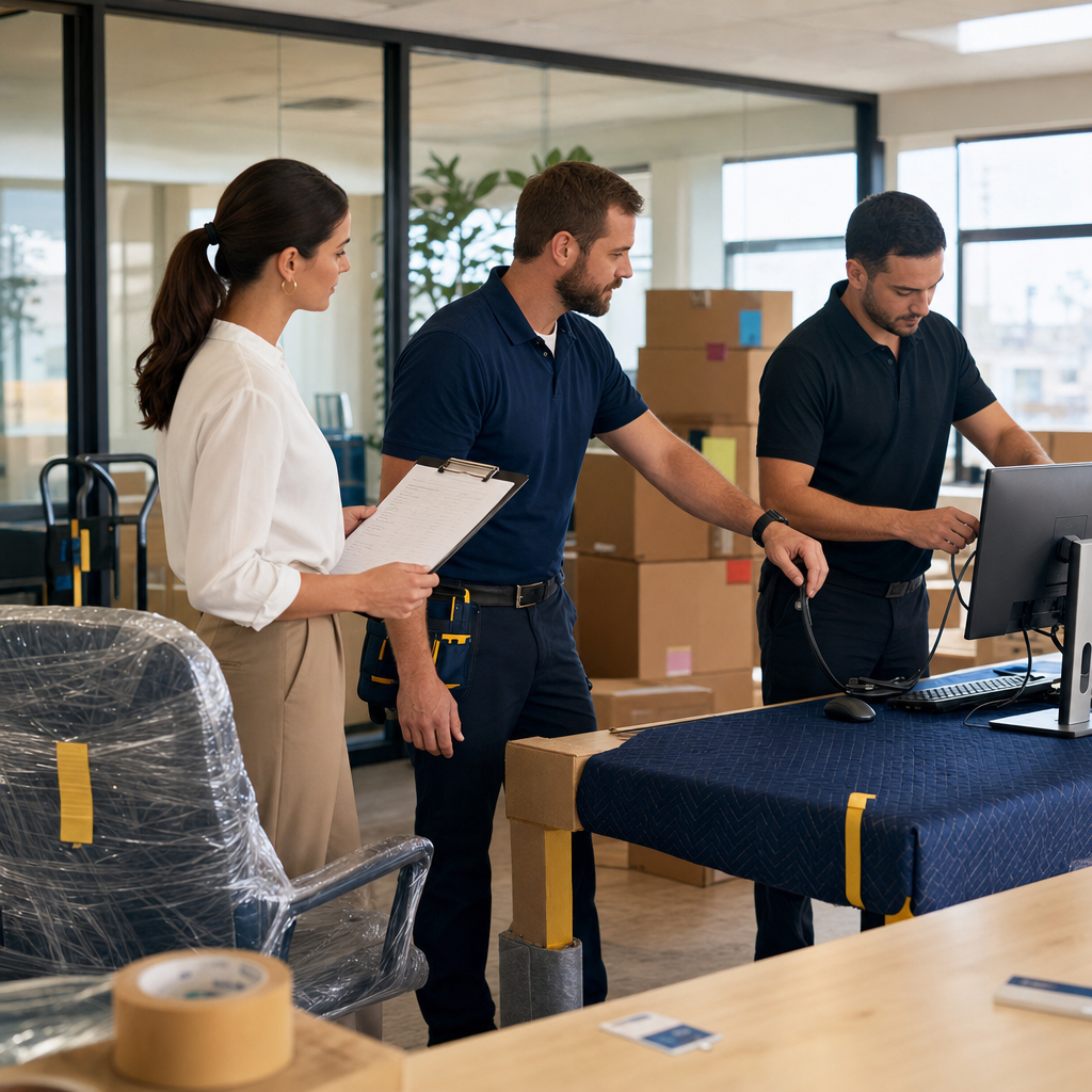 Office manager, mover, and vendor checking access, equipment, and setup after an office move.