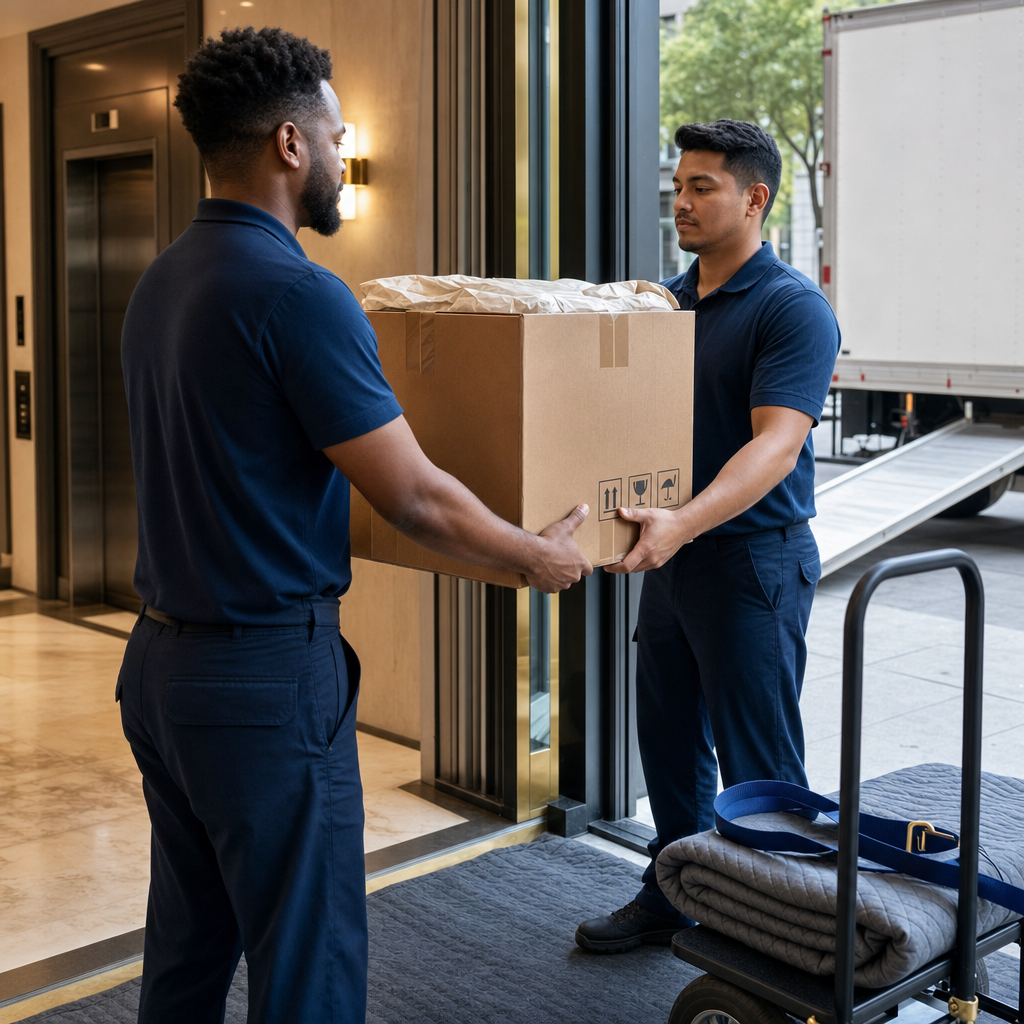 Two movers carefully handing off a wrapped fragile box between a lobby and curbside loading area.