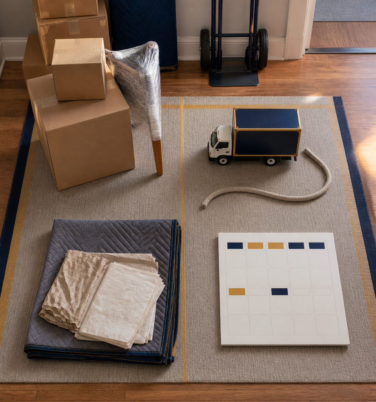 Top-down moving cost diagram with boxes, a truck object, packing materials, and timing card arranged without text.