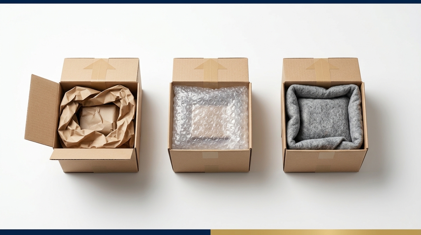 Text-free infographic showing three moving boxes with different cushioning layers for safer transport.