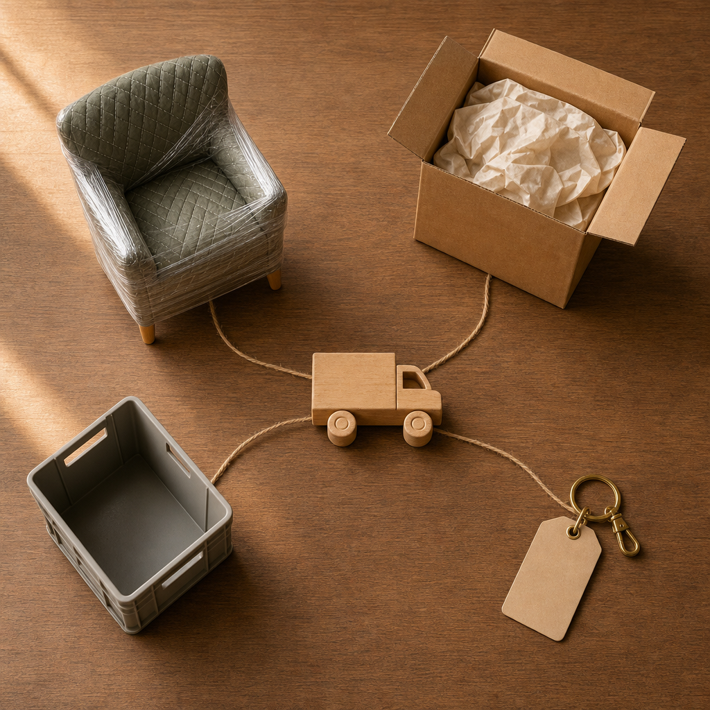 Text-free object diagram showing moving inventory, packing, storage, and handoff items.