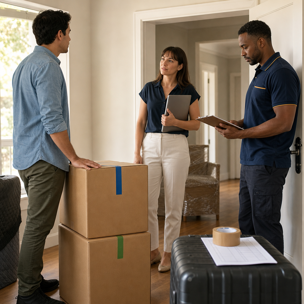 HR contact, employee, and mover reviewing household inventory beside packed boxes.
