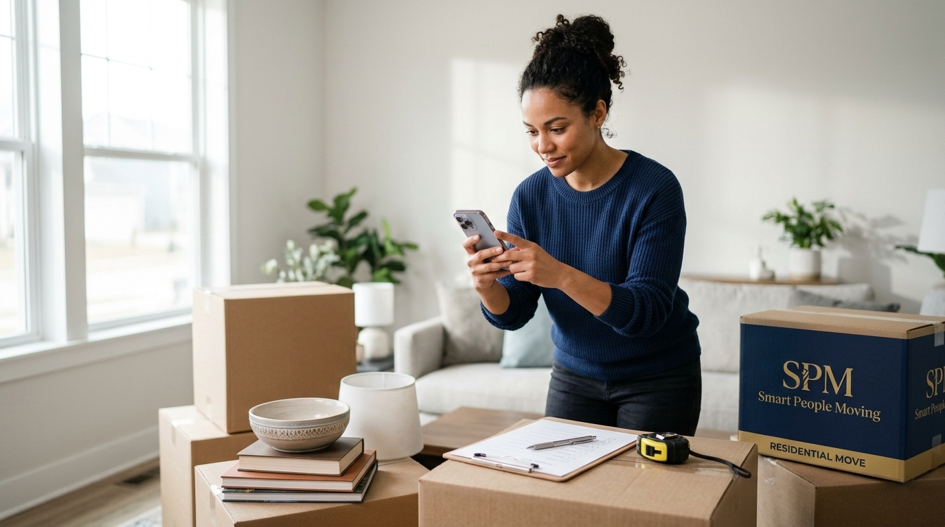 Person recording a video inventory near moving boxes to support an accurate moving quote.