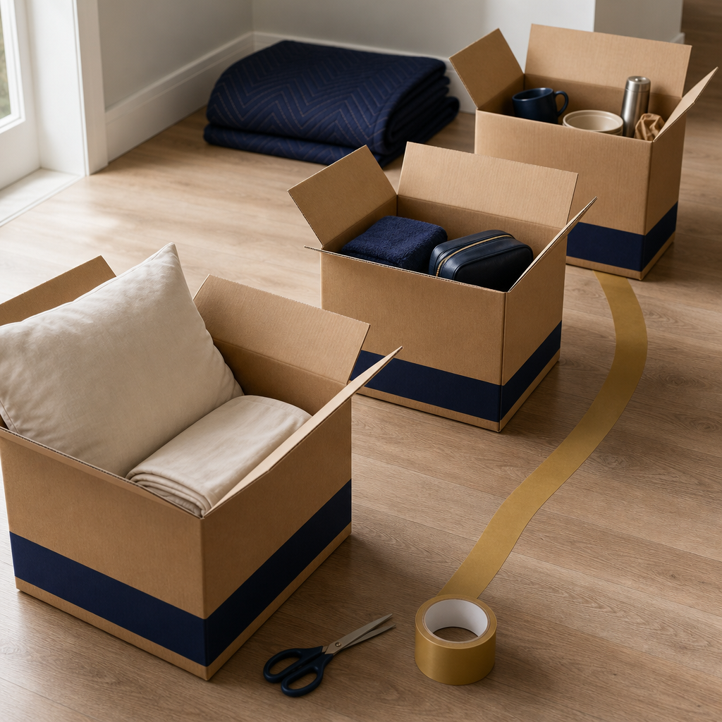 Three unlabeled moving boxes arranged as a simple room priority diagram with bedding, bathroom, and kitchen items.