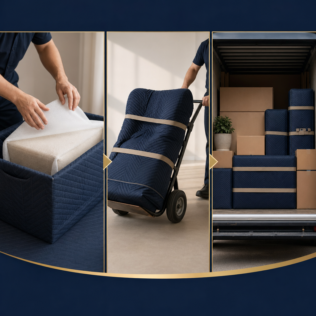 Simple infographic showing safe packing, moving equipment, and secured loading stages