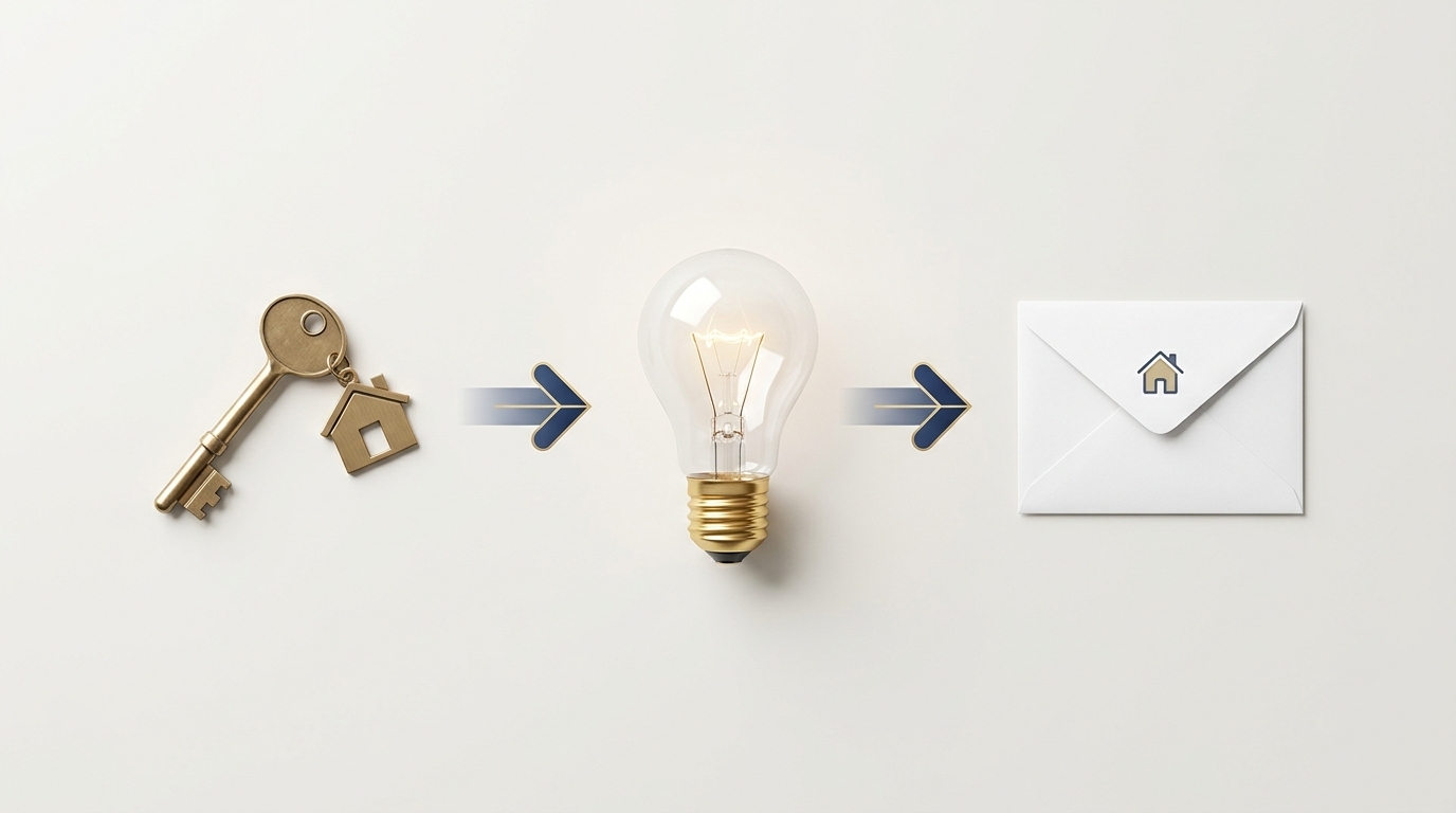Text-free infographic showing a moving setup flow with a key, light bulb, and envelope