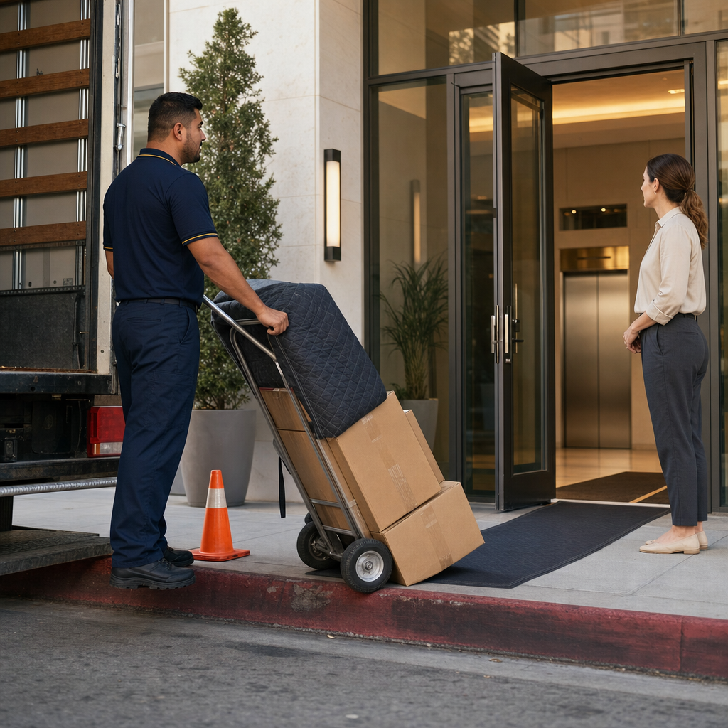 Mover checking the curb-to-lobby path with boxes and a hand truck outside an apartment building.