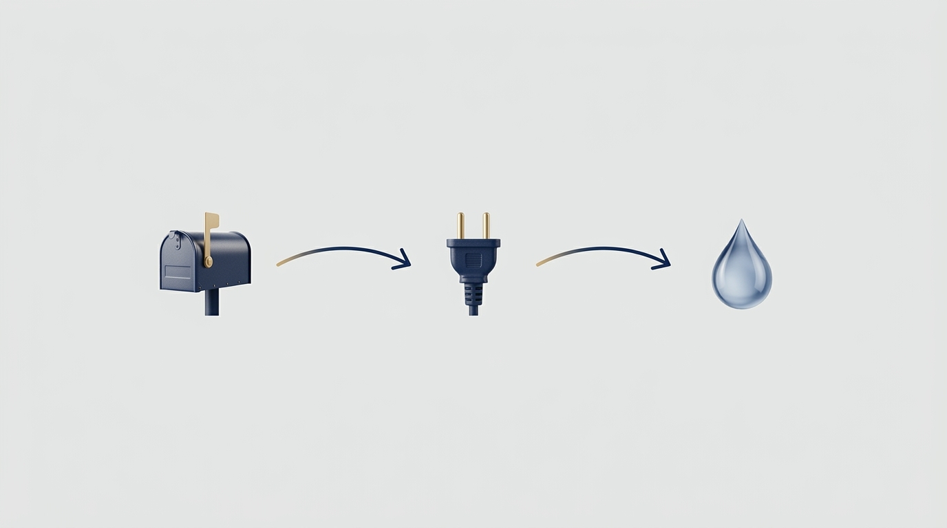 Infographic icons of a mailbox, power plug, and water droplet connected by arrows to show address and utilities transfer.