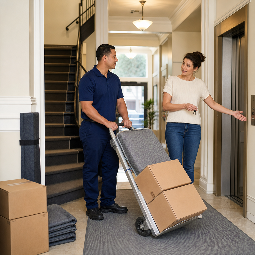 Mover with a hand truck in a San Francisco apartment lobby near stairs and an elevator.