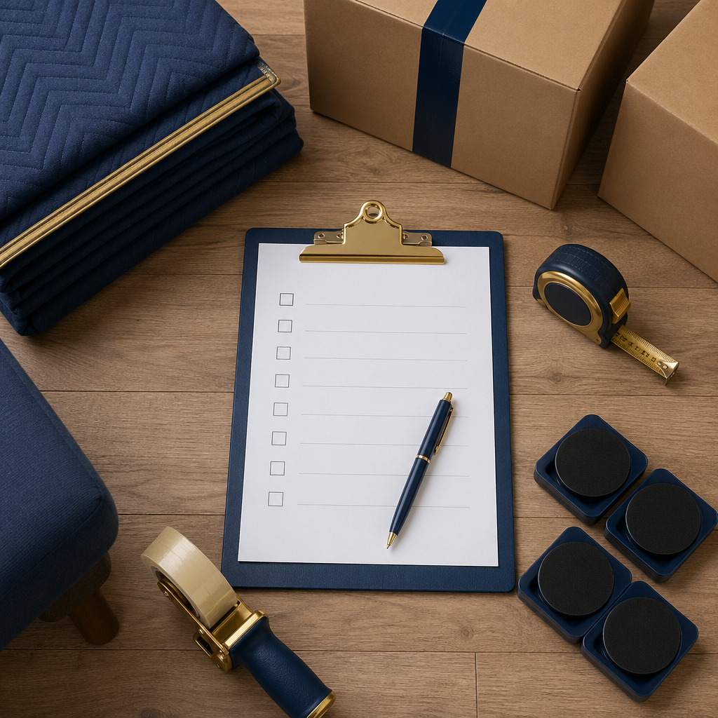 Moving boxes, measuring tape, sliders, and blankets arranged for pre-move protection planning