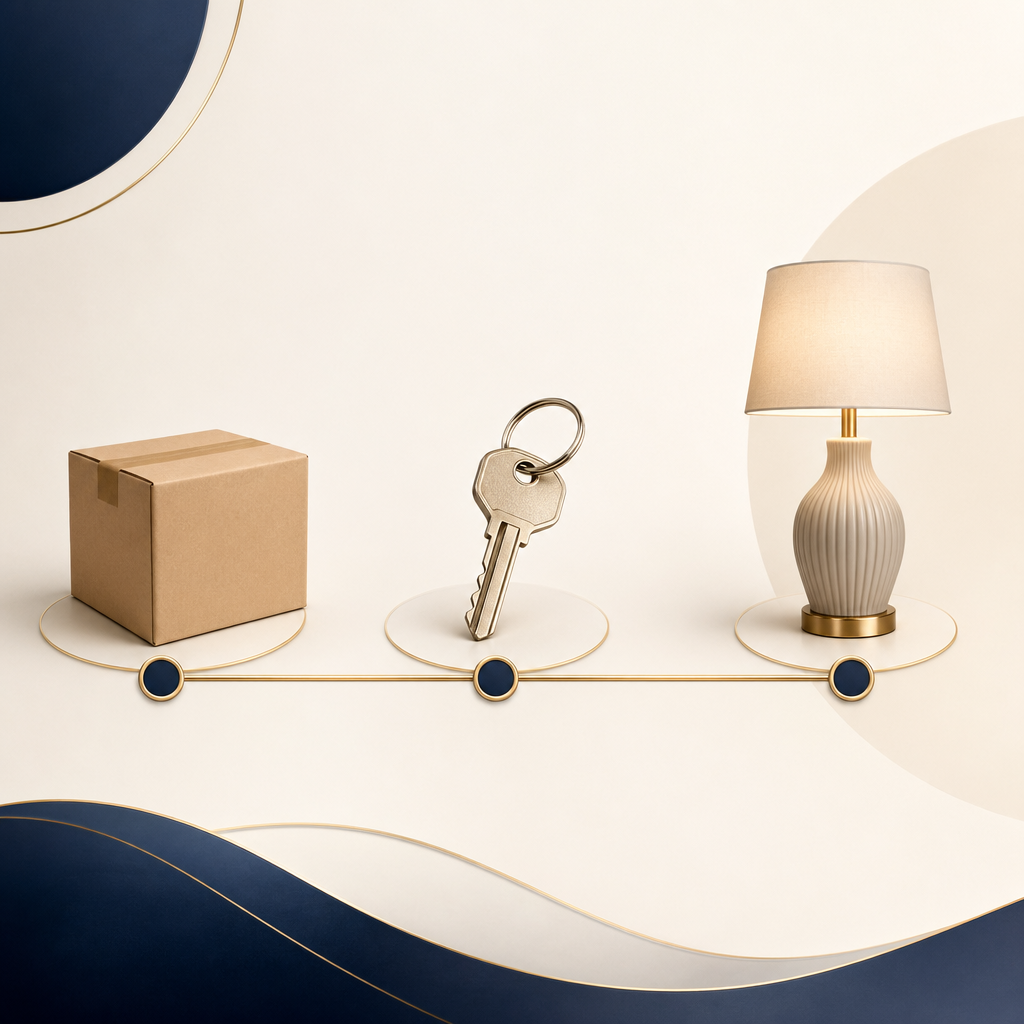 Text-free moving timeline infographic with boxes, keys, and home setup items