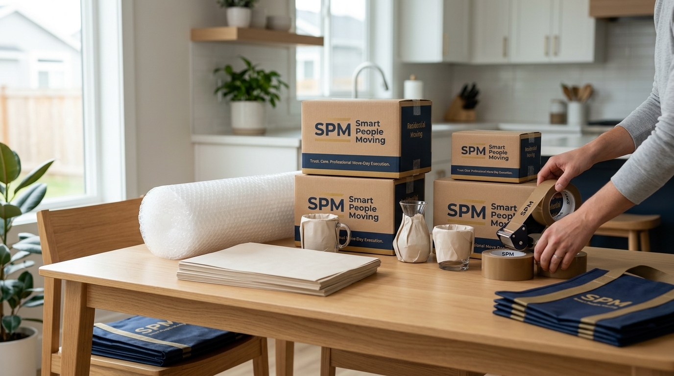 Moving supplies on a table: small boxes, bubble wrap, packing paper, tape, and wrapped glass items.