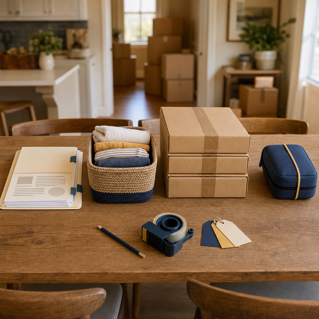 Text-free moving timeline layout with planning papers, donation basket, boxes, tape, and essentials pouch.