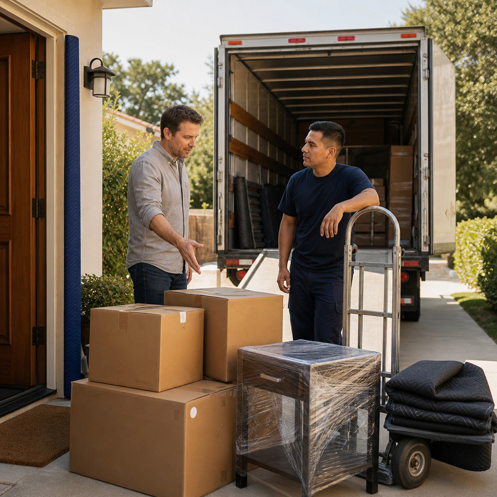 Customer and mover reviewing boxes beside an open rental truck before labor-only moving help.