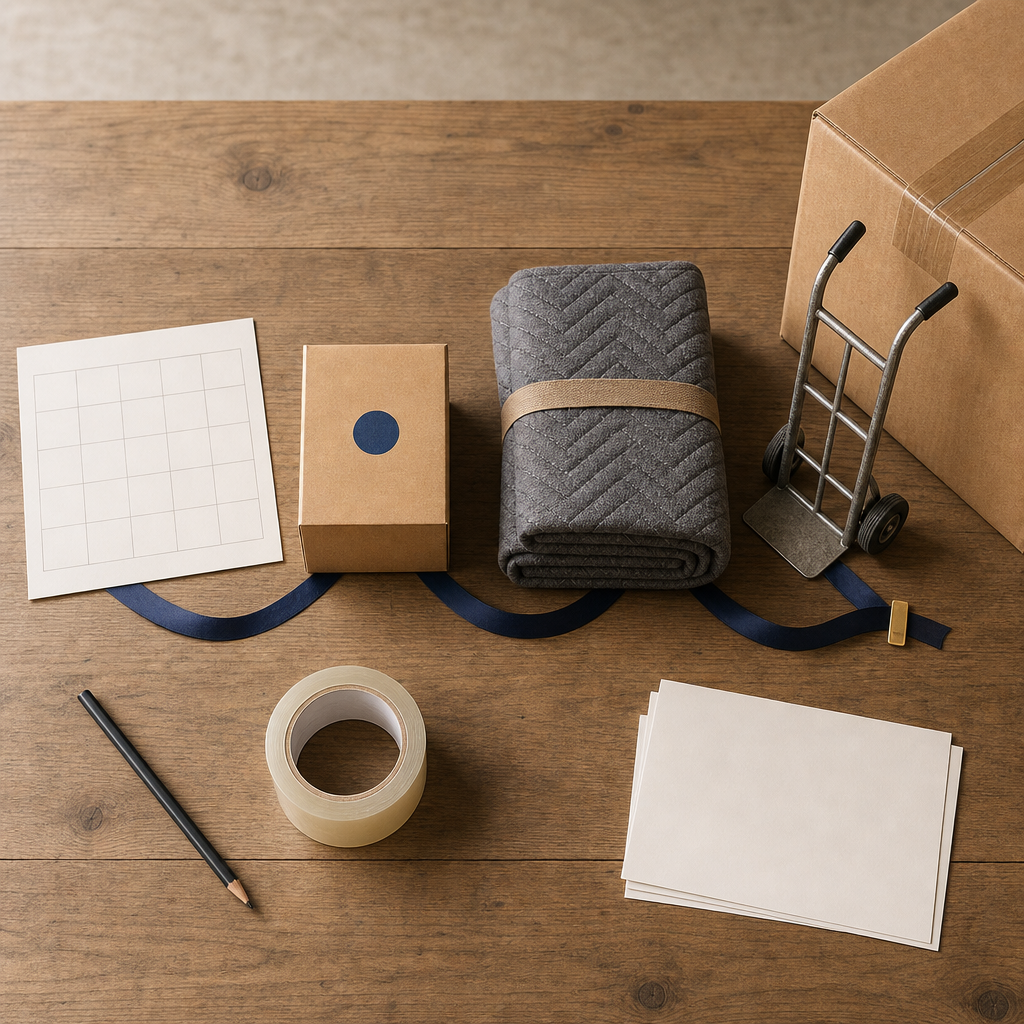 Text-free moving timeline diagram with calendar card, inventory box, blanket, and hand truck.
