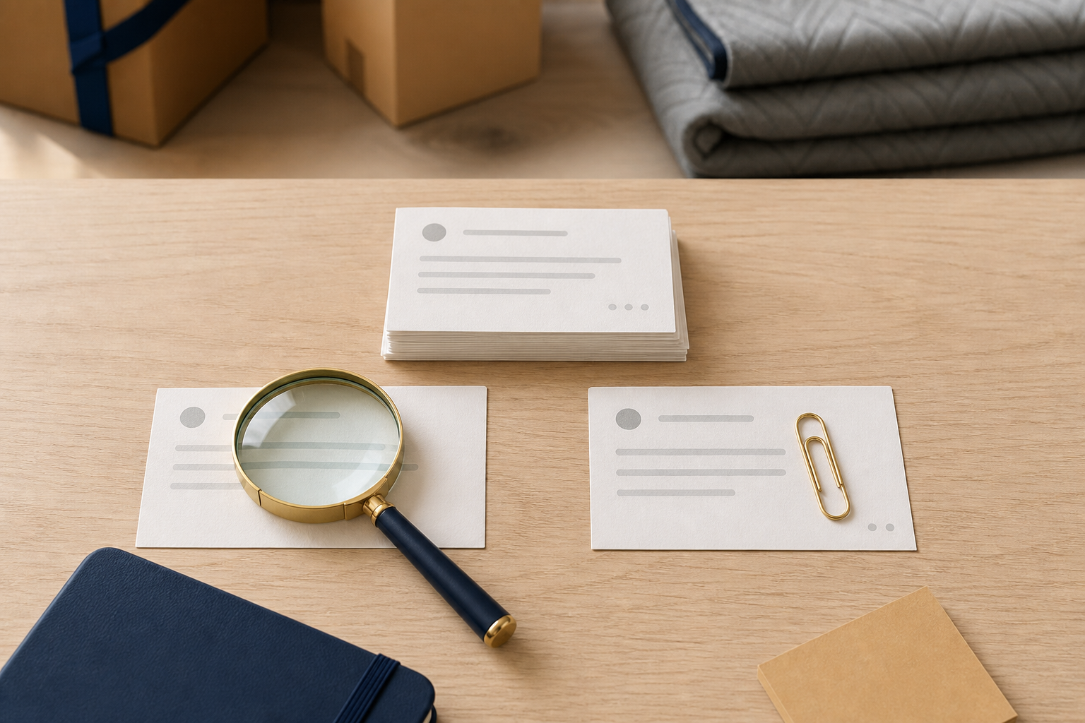 Text-free desk diagram showing cards, a magnifying glass and a gold paperclip as topic selection cues.