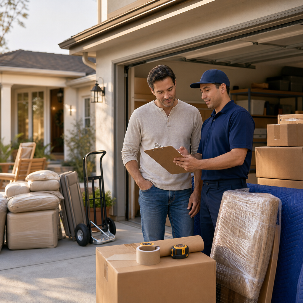 Homeowner and mover reviewing a house moving inventory near a garage and driveway.