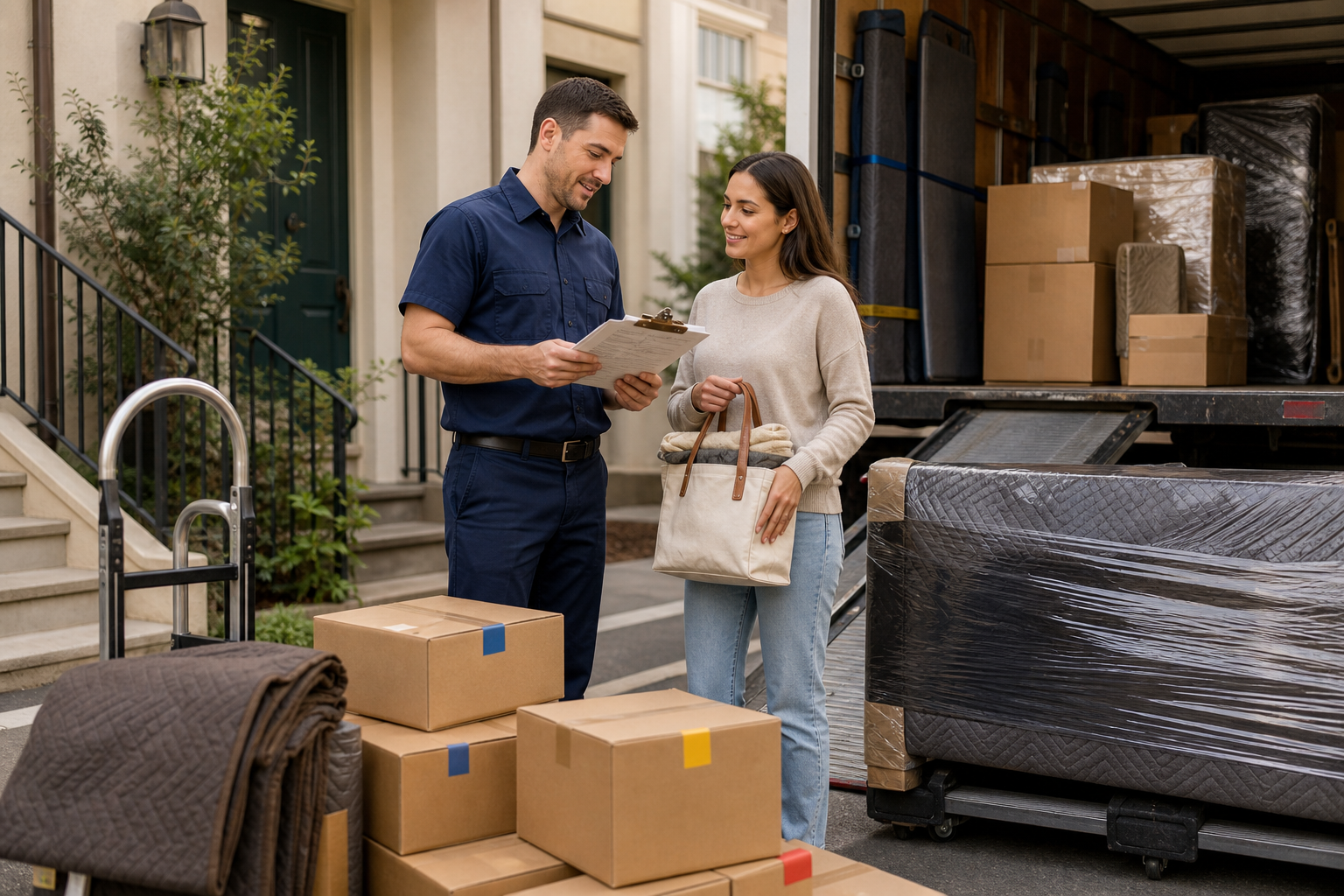 Mover and client reviewing a storage in transit handoff beside wrapped furniture and organized moving boxes.