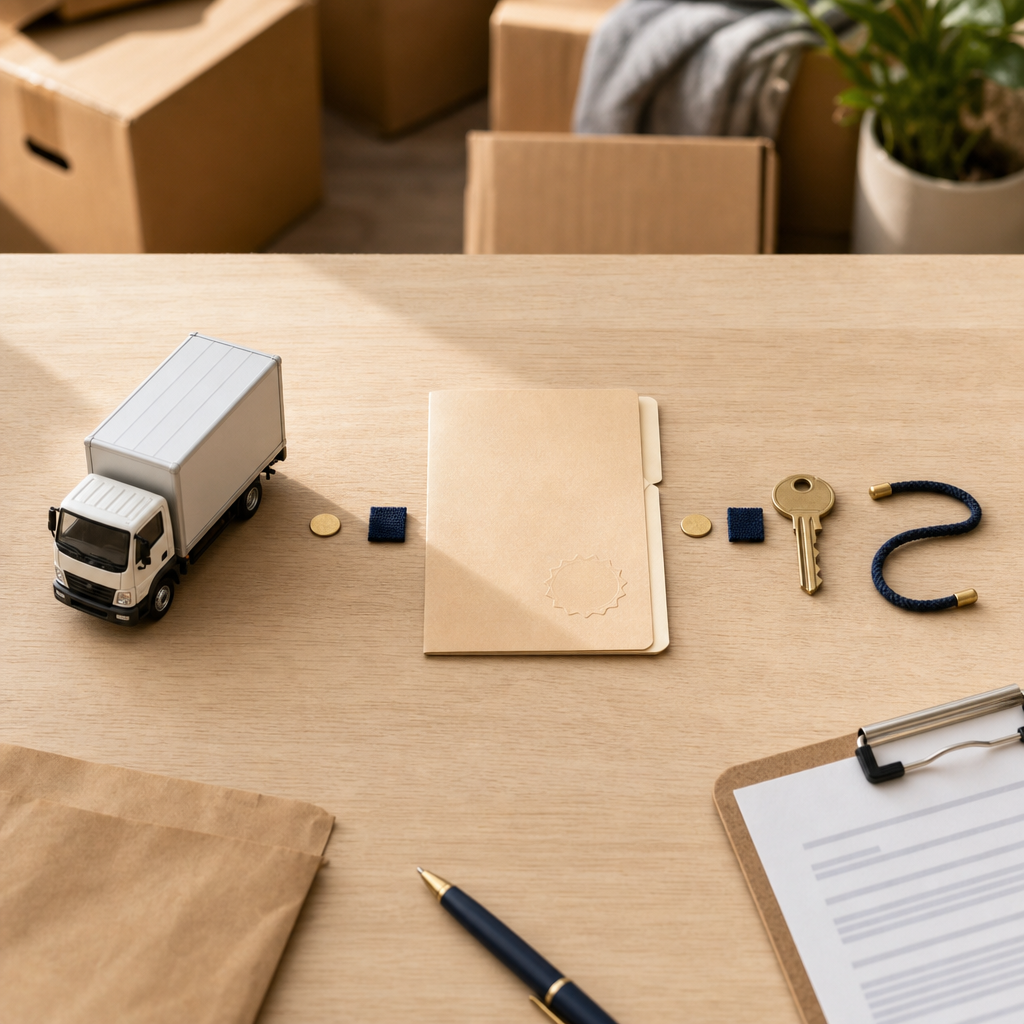 Text-free diagram with a moving truck model, document folder, and house key representing mover verification.