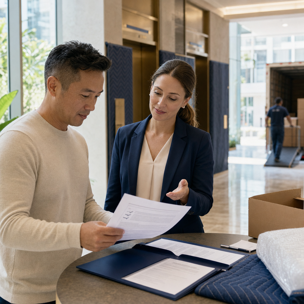 Condo resident and property manager reviewing move paperwork in a lobby near elevator doors.
