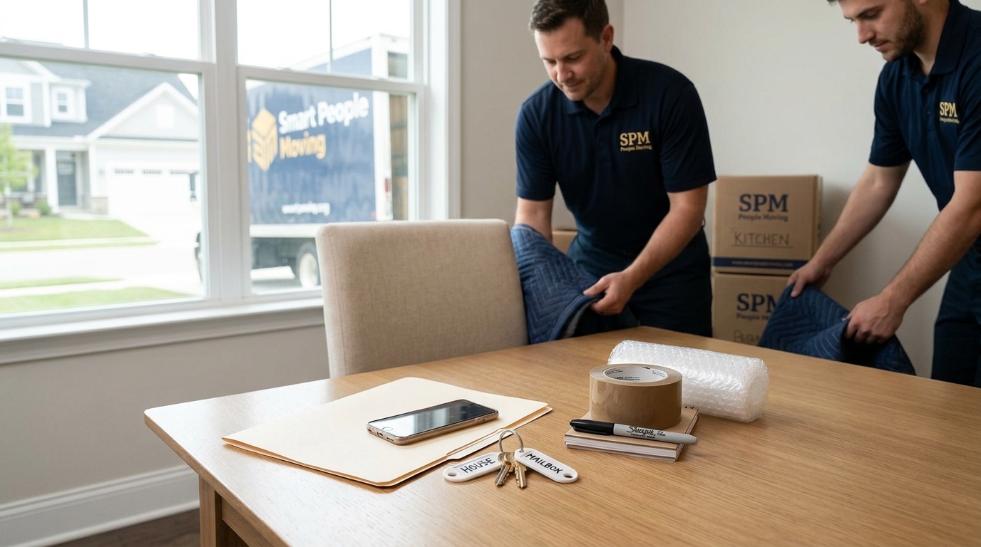 A folder, phone, keys, and moving supplies arranged on a kitchen table as a moving planning hub.