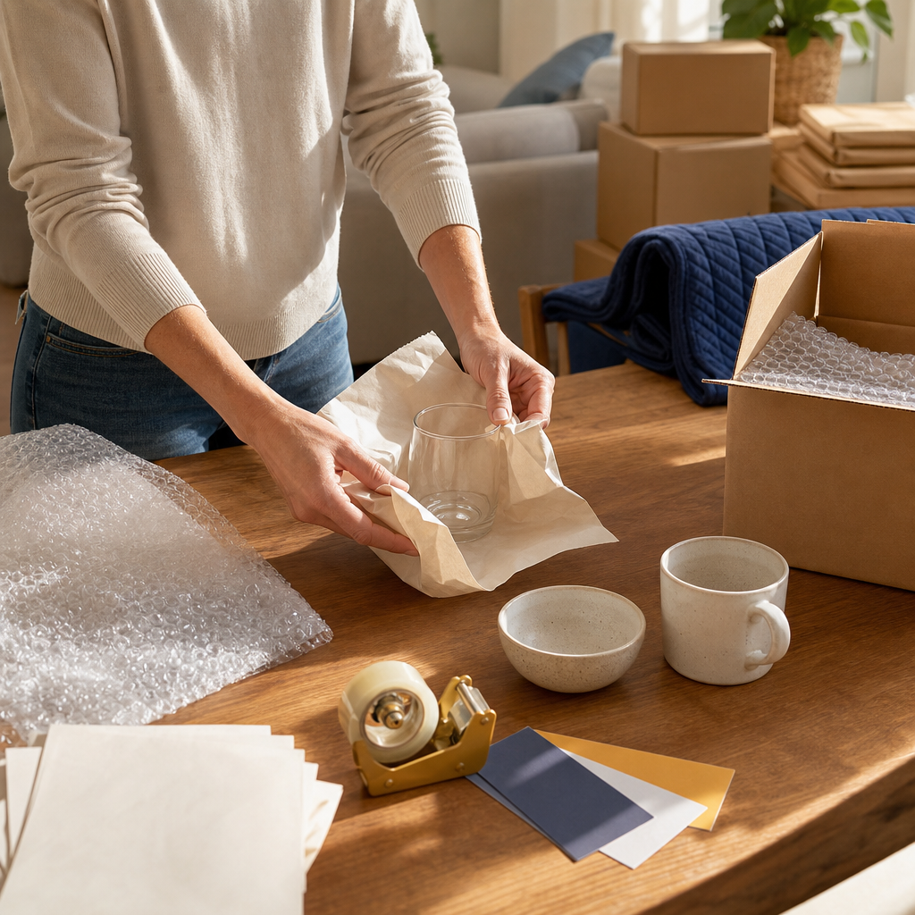 Hands wrapping a glass in packing paper at an organized home packing station.
