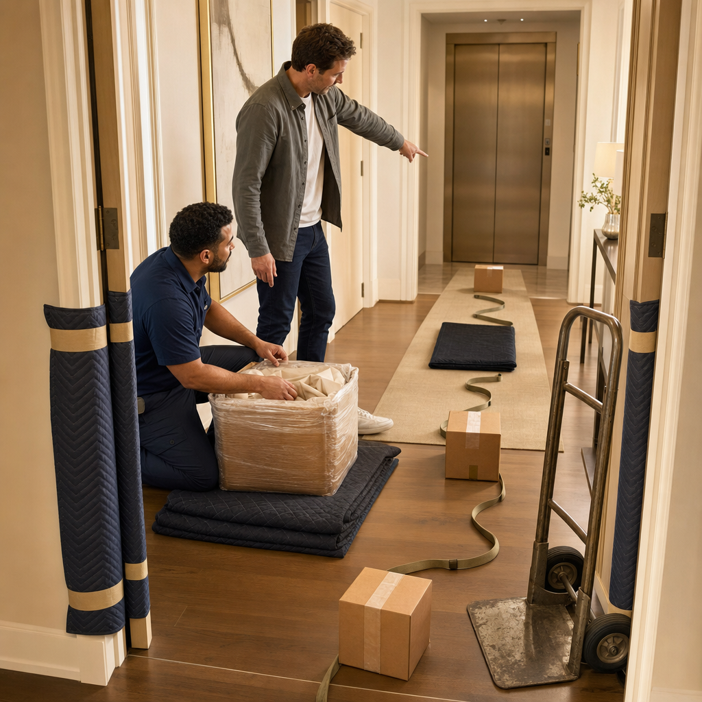 Mover and client reviewing a narrow apartment route before carrying a wrapped fragile box.