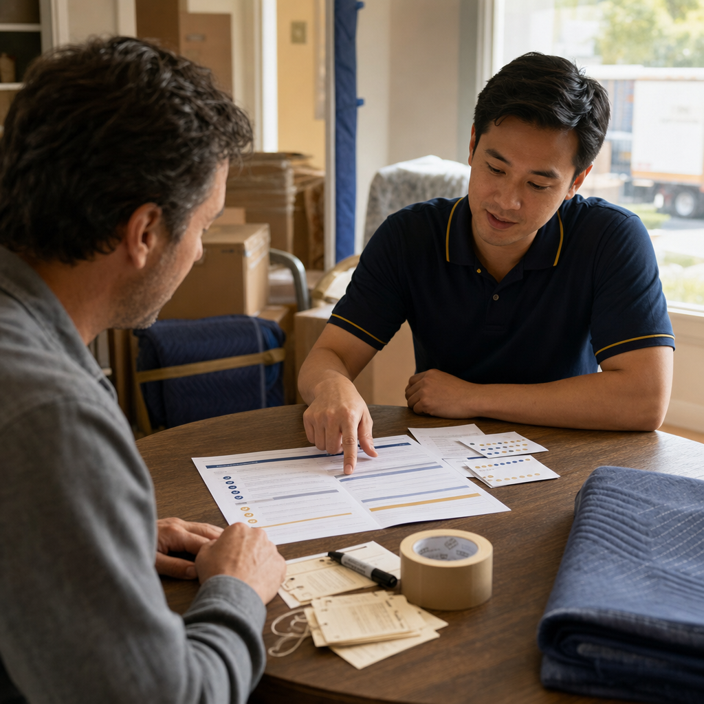 Customer and mover review non-readable estimate pages beside packed boxes before booking a move.
