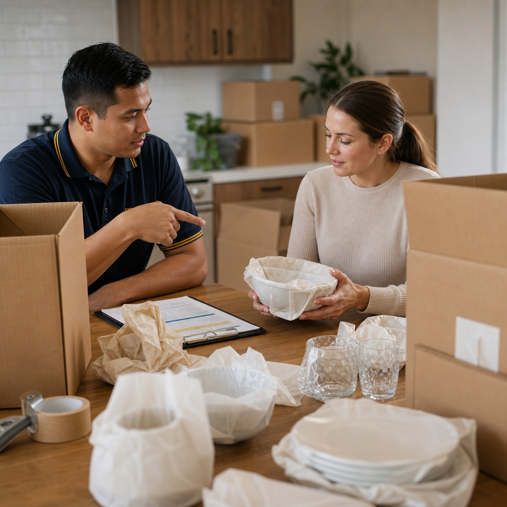 Mover and renter reviewing packing supplies and fragile items at a kitchen table.