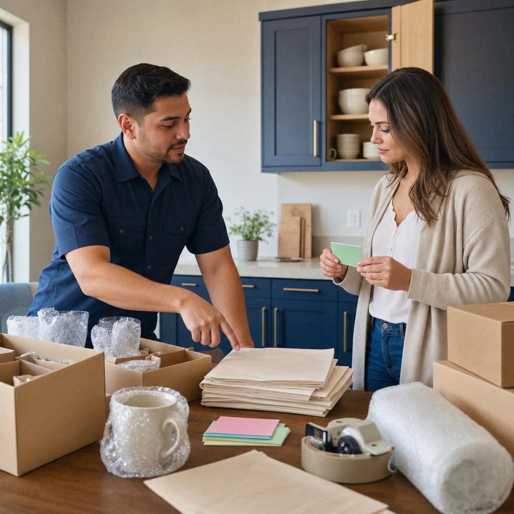 Mover and client organizing kitchen packing supplies with boxes, paper, tape, and blank labels.