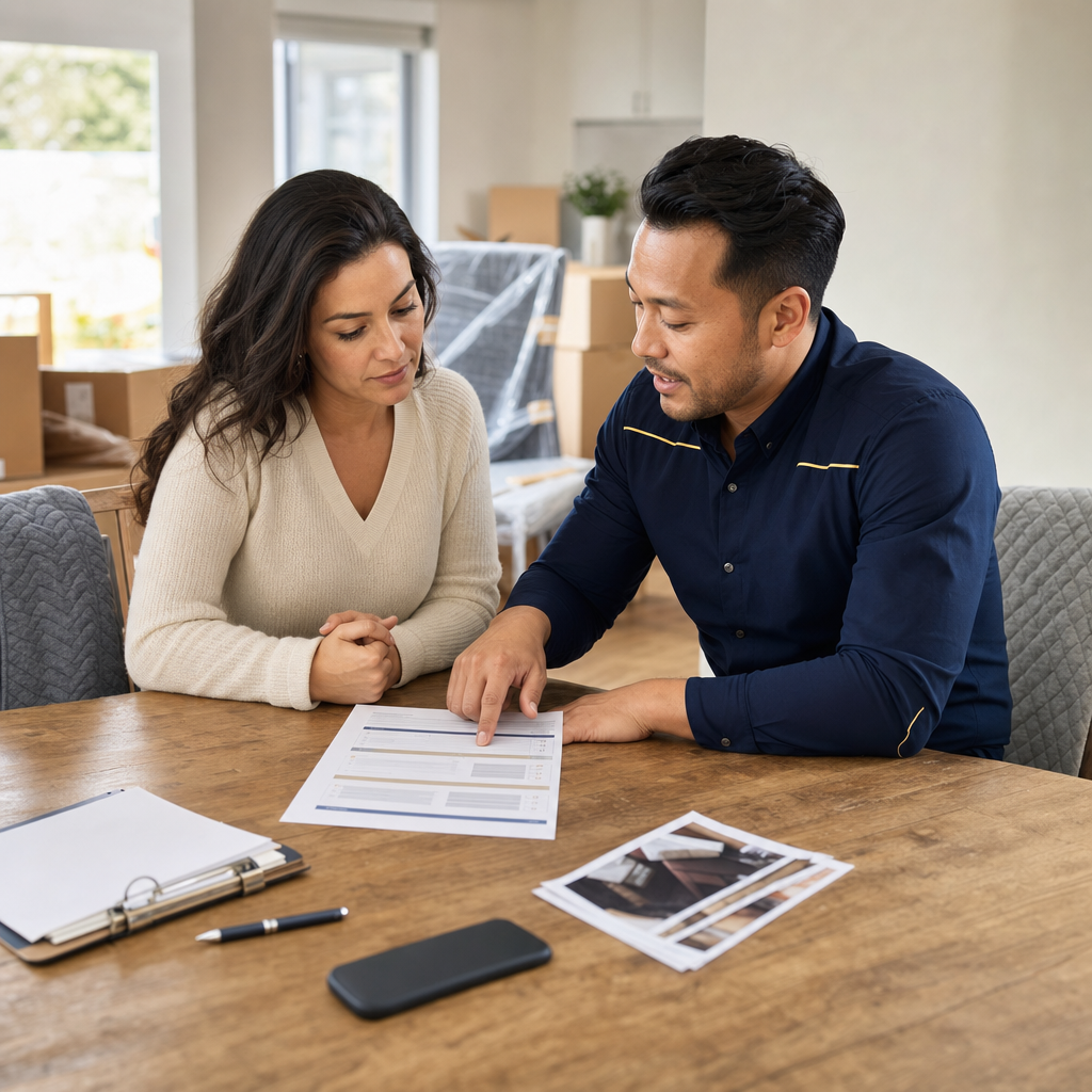 Homeowner and mover reviewing interstate moving paperwork beside packed boxes