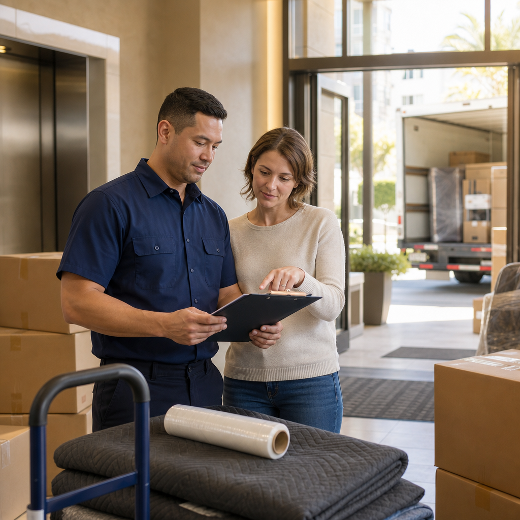 Mover and client reviewing access details near boxes in an apartment entry.