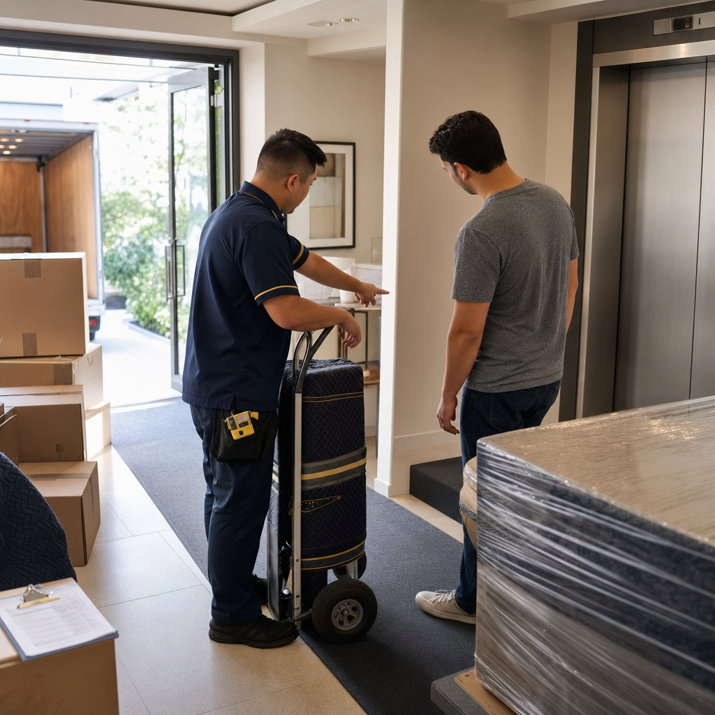 Mover and resident reviewing a protected apartment access path before a local move.