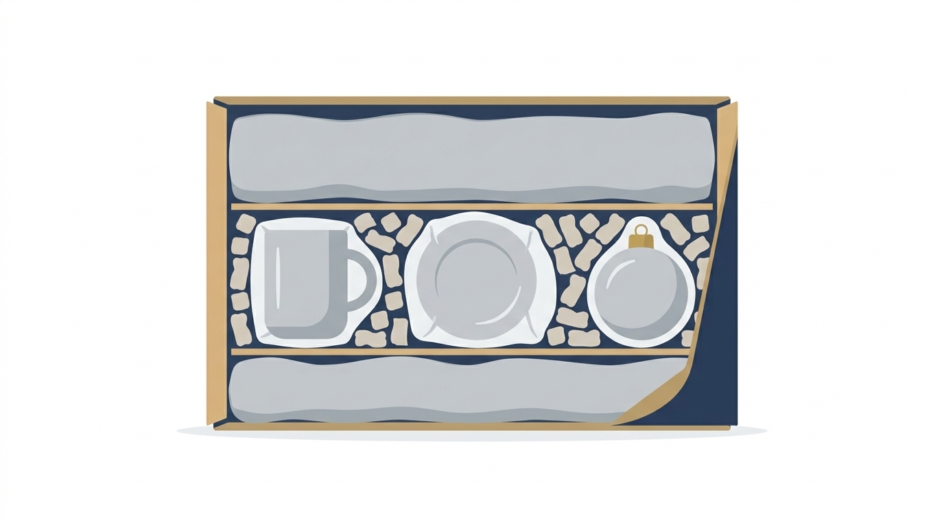 Cutaway infographic of a moving box with bottom cushioning, wrapped fragile items, and filler removing empty space.