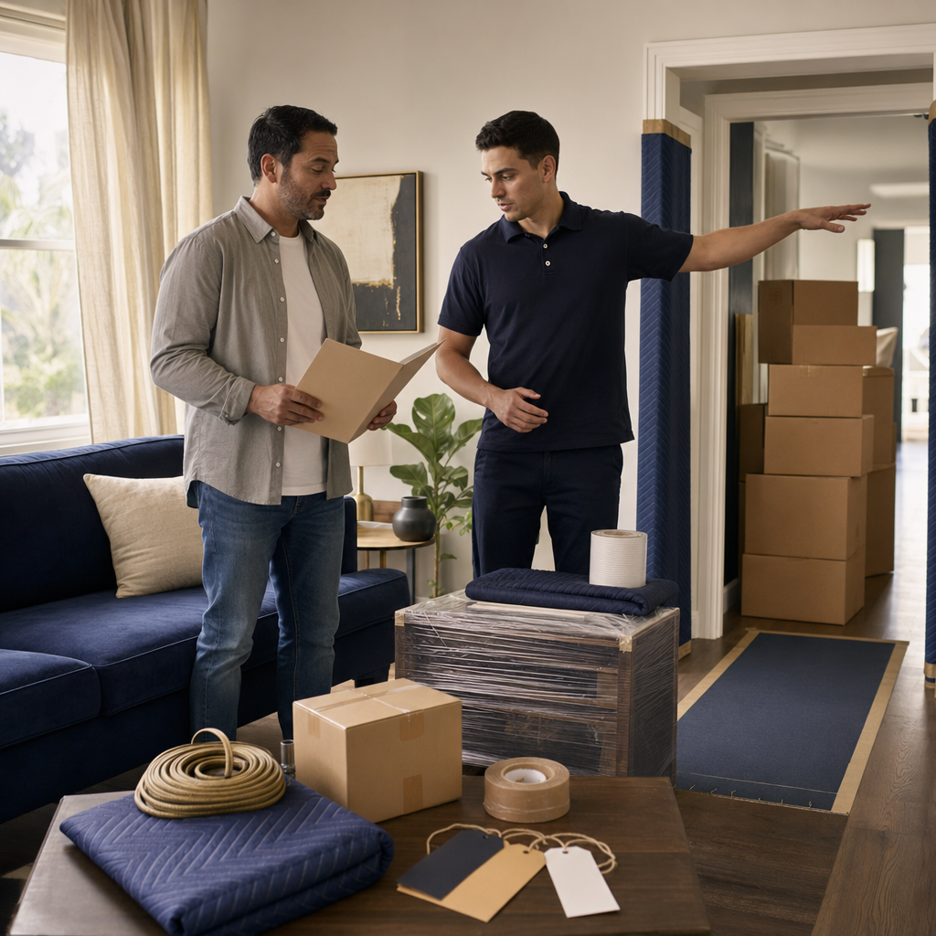 Mover and customer reviewing household items and access points before comparing moving quotes.