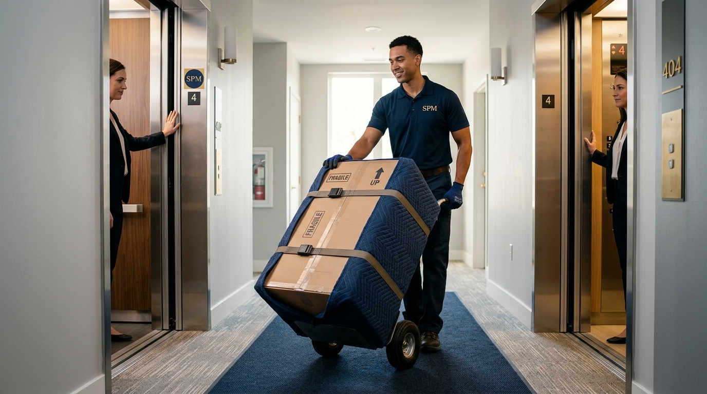 Mover guiding a strapped moving box on a hand truck near an apartment elevator.