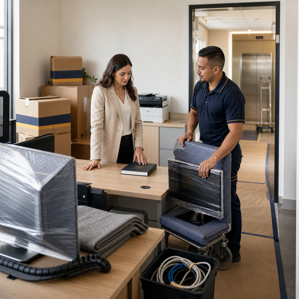 Office manager and mover check workstation setup near packed boxes and a clear office access path.