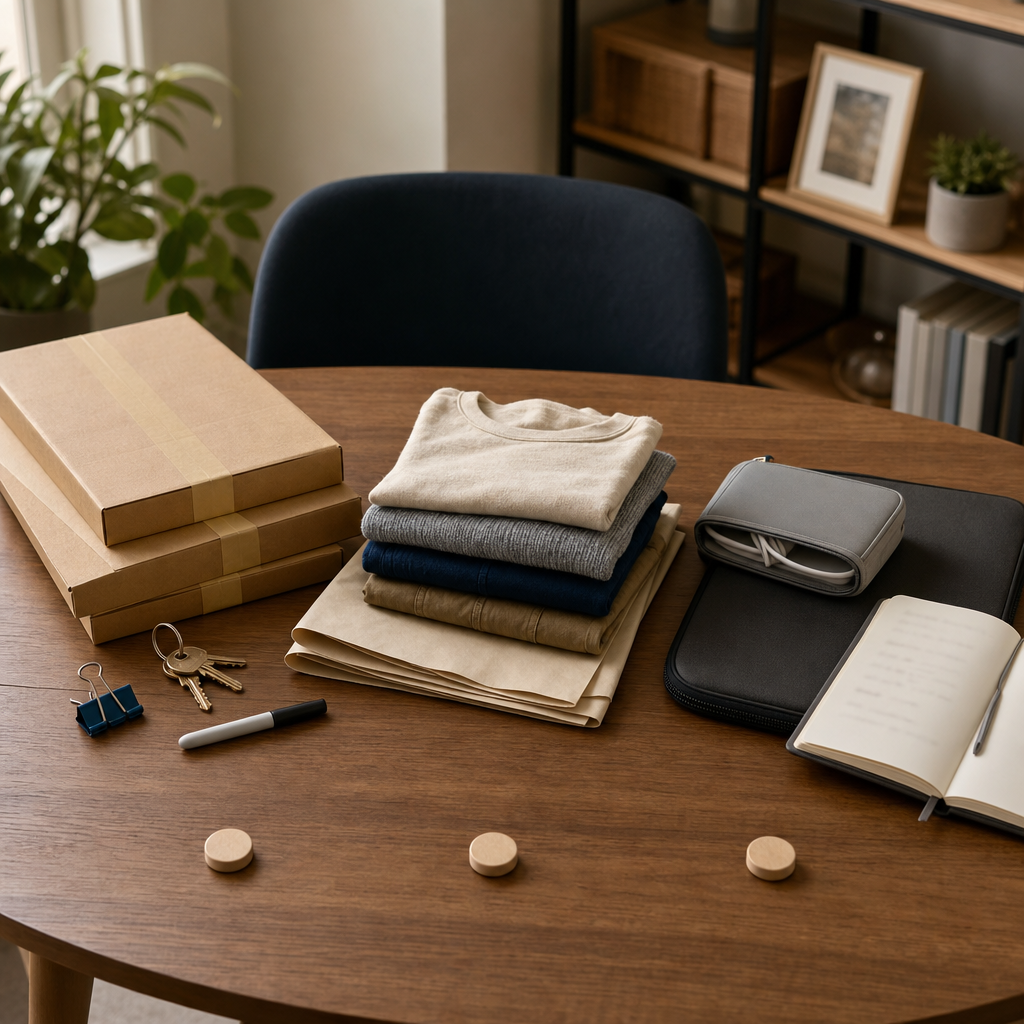 Text-free moving checklist concept with packing supplies, clothing, and home office items arranged in short work blocks.