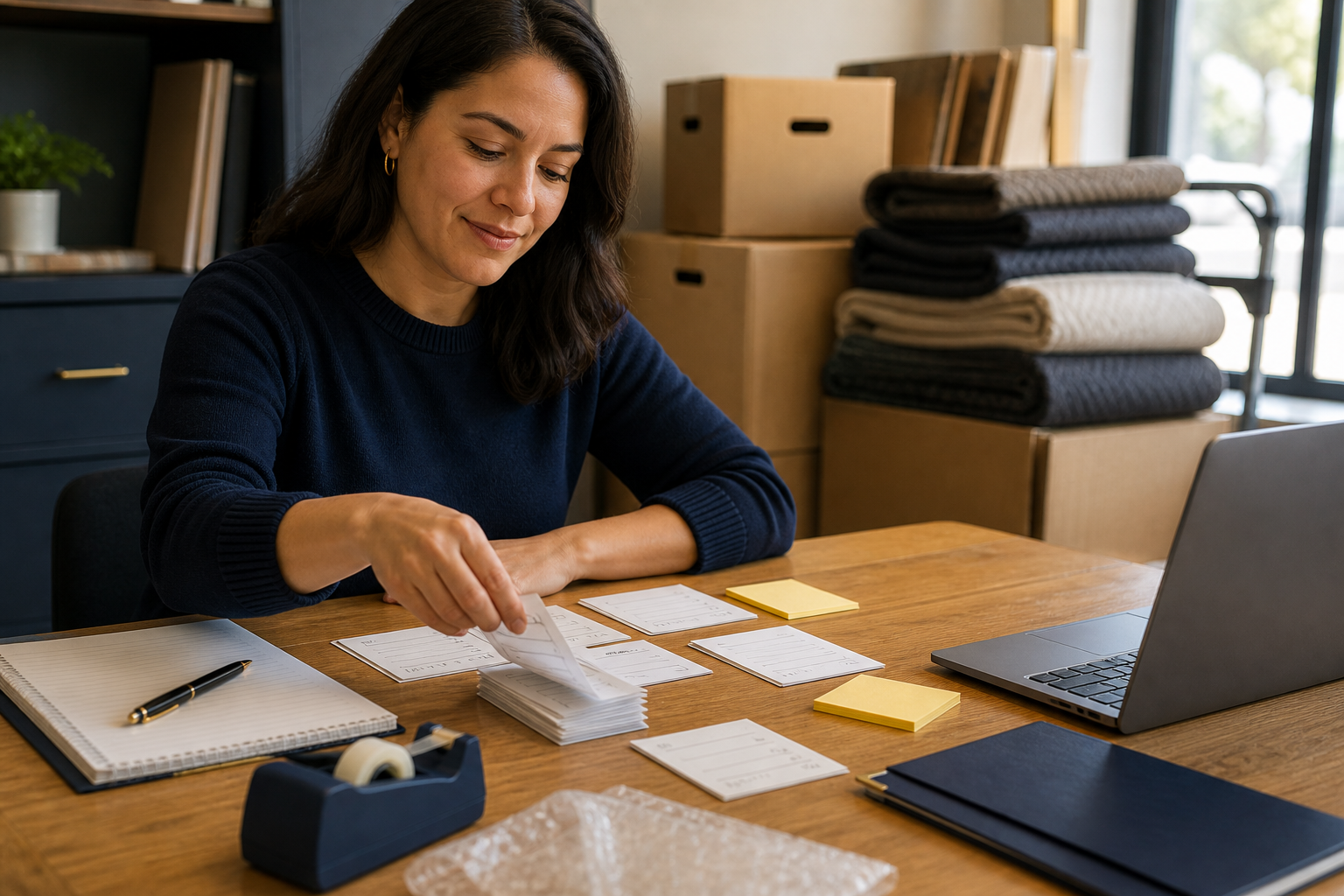 Content planner sorting unreadable question cards beside a laptop and moving supplies.