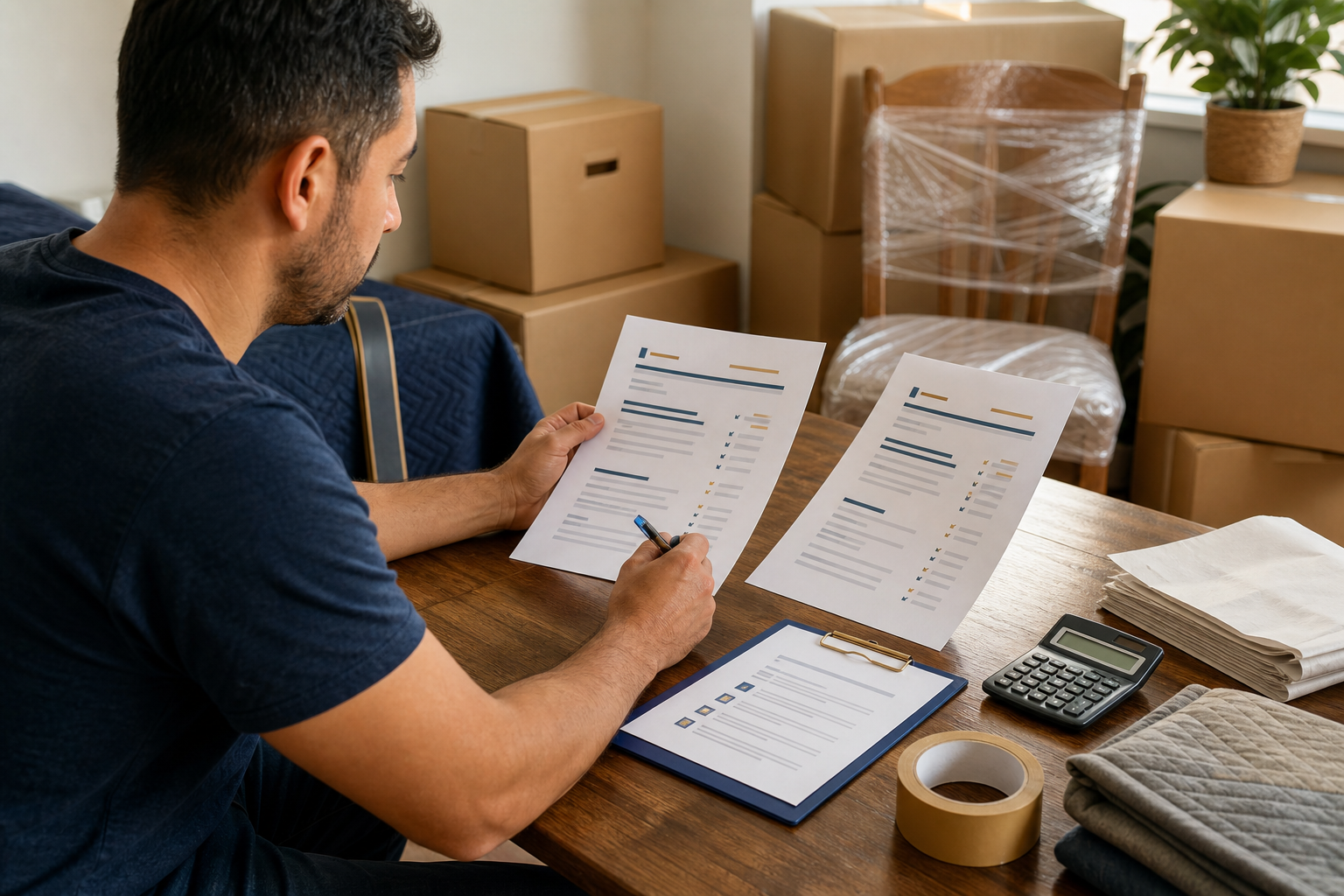 Person reviewing moving quote scope beside boxes, calculator, and moving supplies.