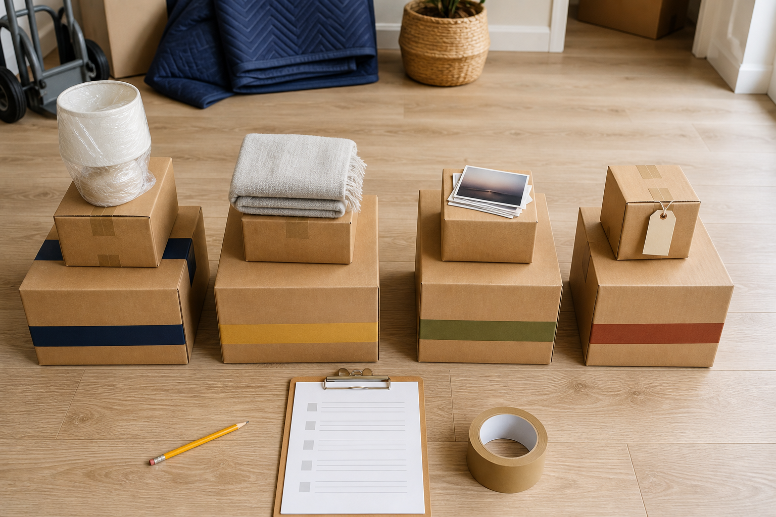 Text-free moving inventory diagram with grouped boxes for a long-distance move.