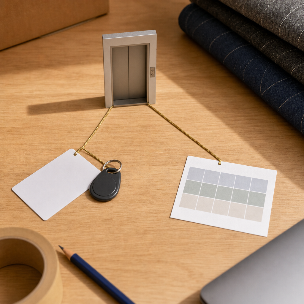 Text-free diagram of elevator access, entry permission, and move timing objects on a desk.