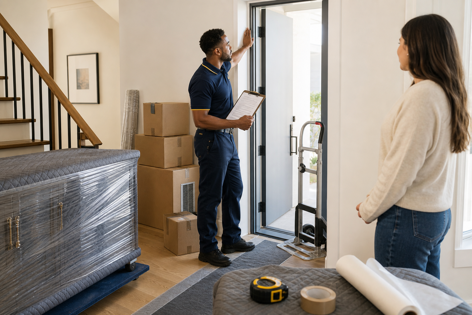 Mover checks doorway clearance near wrapped furniture, boxes, stairs, and a protected apartment entryway.