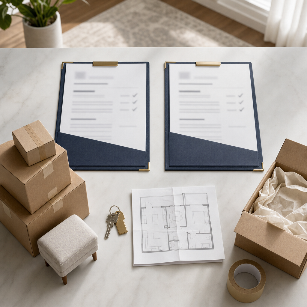 Text-free diagram of two moving quotes compared against the same boxes, access notes, and packing items.