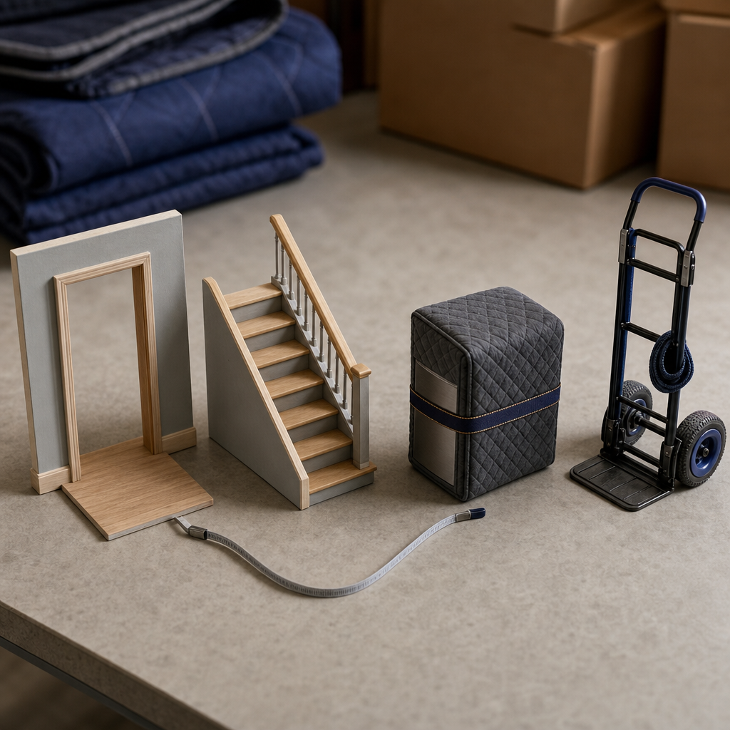 Text-free object diagram showing a doorway, stairs, wrapped heavy item, and hand truck for move planning.
