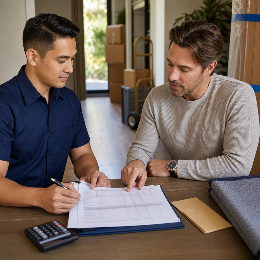 Client and mover reviewing a moving estimate packet with payment and policy items on a home table.